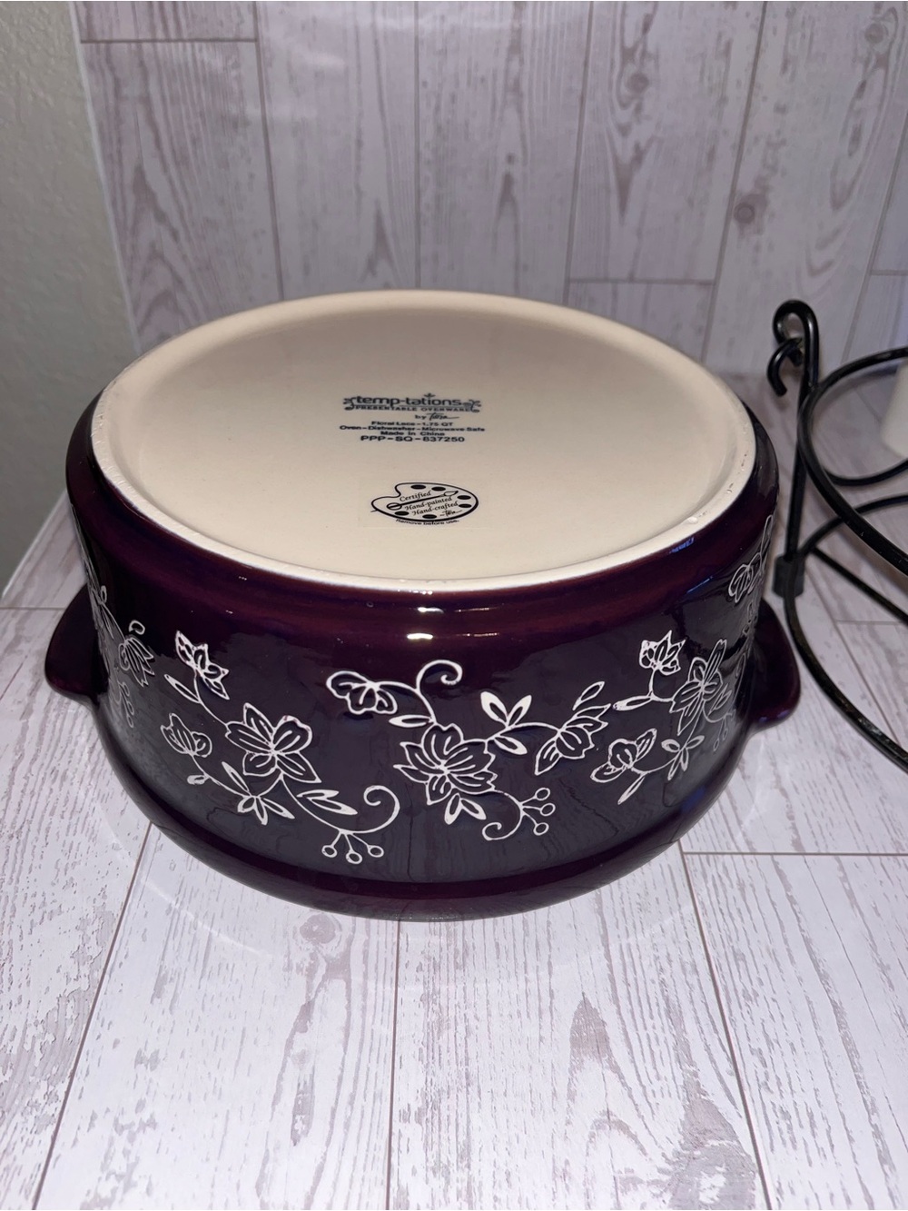 Temptations Purple and Cream Floral Ceramic Bowl with Black Metal Stand - Picture 10 of 10
